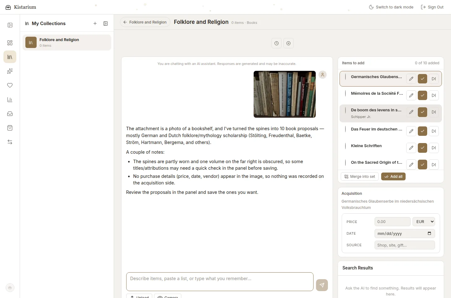 Kistarium add-items chat: a bookshelf photo turned into ten book proposals ready to add