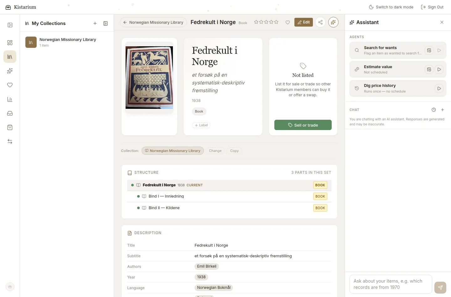 Kistarium item page for a 1938 book set with its structure, description and the AI agents panel