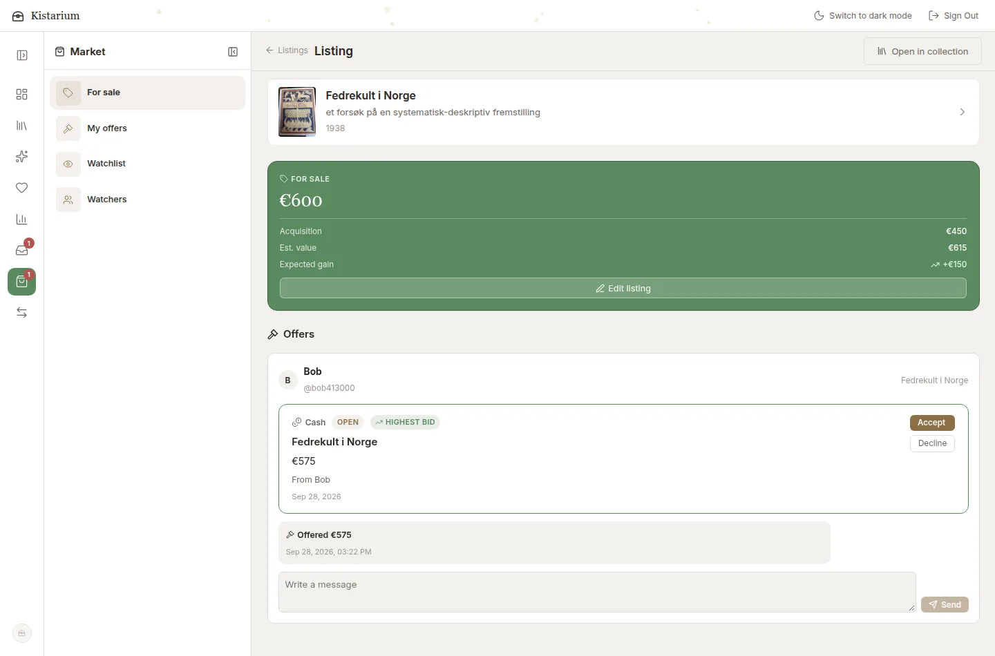 Kistarium marketplace listing with an open offer from another collector