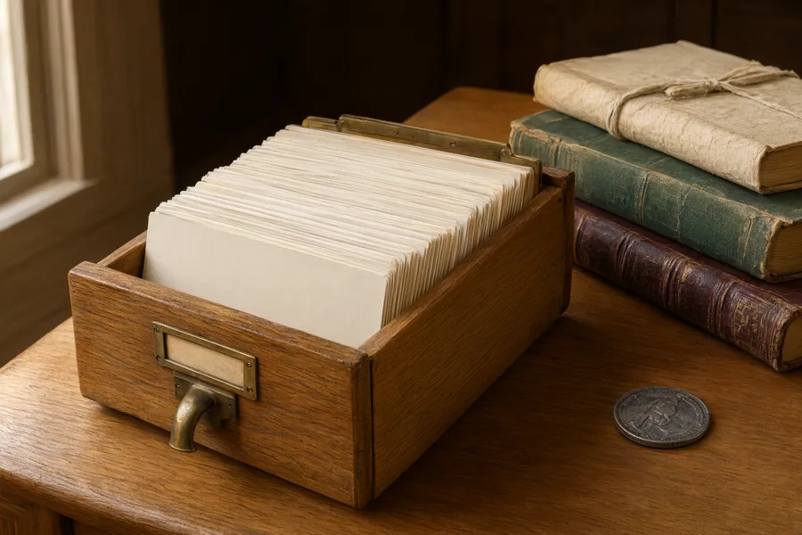 An open card catalogue drawer next to a stack of old books