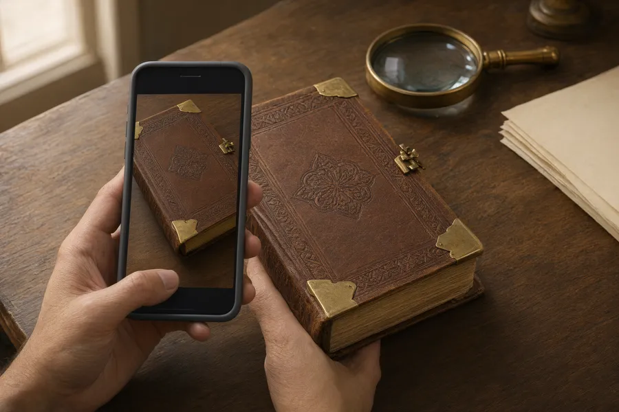 Hands photographing an antique book with a phone