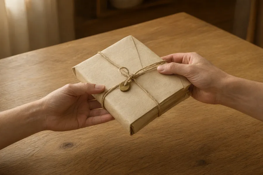 One person handing a wrapped parcel to another across a table
