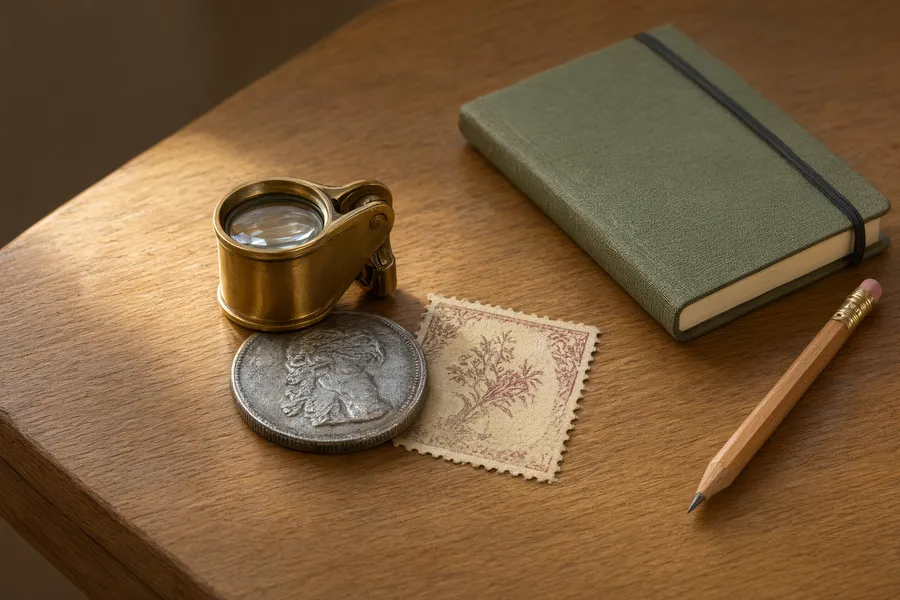 A loupe resting on an old coin next to a stamp and a notebook